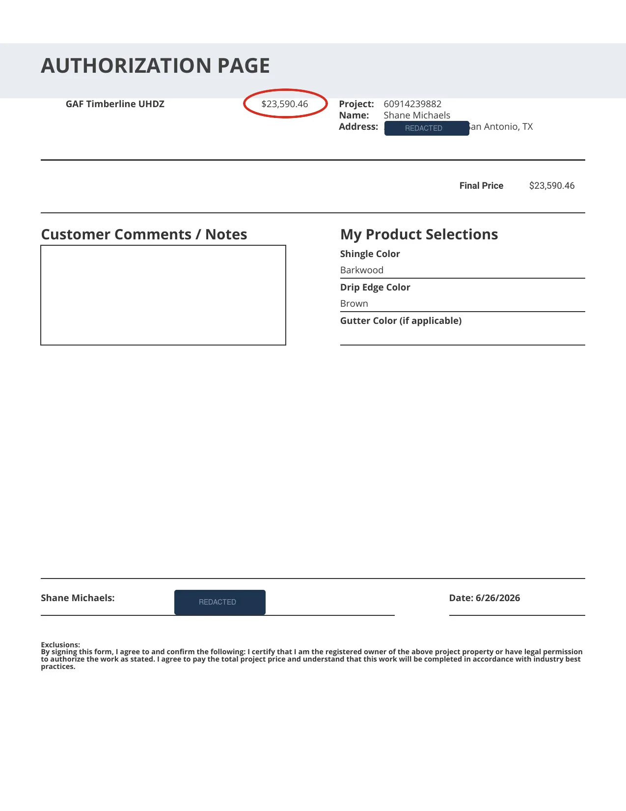 Rhino Roofers signed contract authorization page — $23,590.46 for a GAF Timberline UHDZ Class 4 roof replacement in San Antonio (redacted)