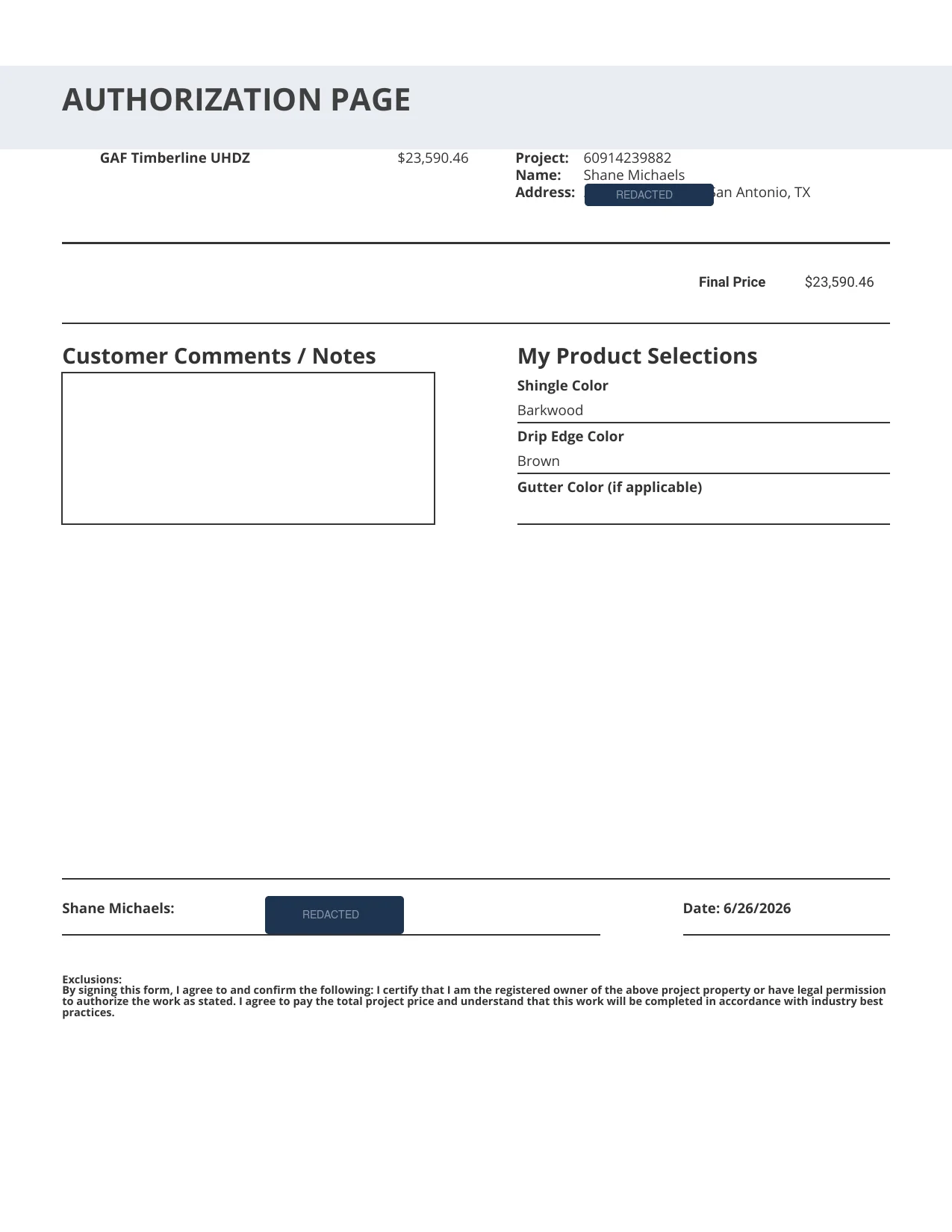 Rhino Roofers signed contract authorization page — $23,590.46 for a GAF Timberline UHDZ Class 4 roof replacement in San Antonio (redacted)