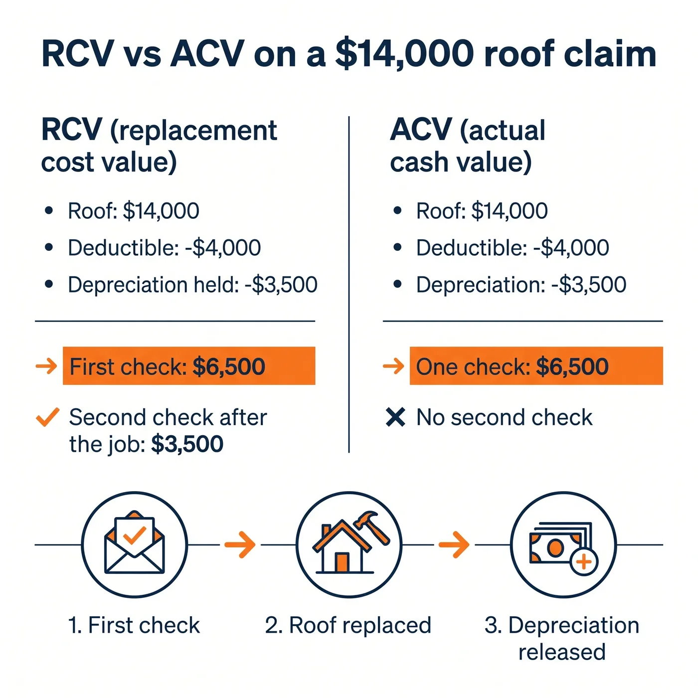 RCV vs ACV on a $14,000 roof claim: first check, roof replaced, then recoverable depreciation released