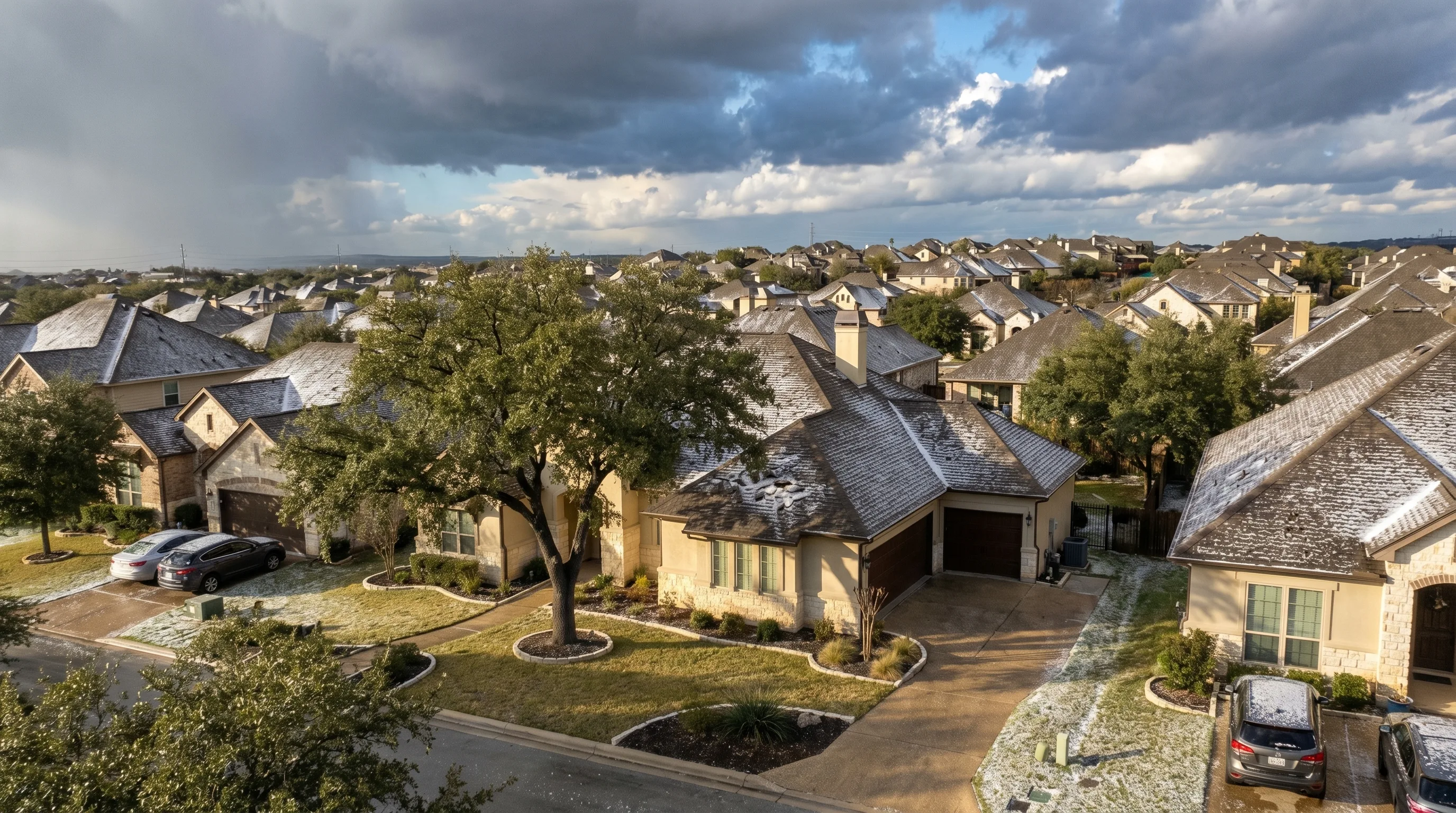 Hail damage roof replacement San Antonio — neighborhood after a hailstorm