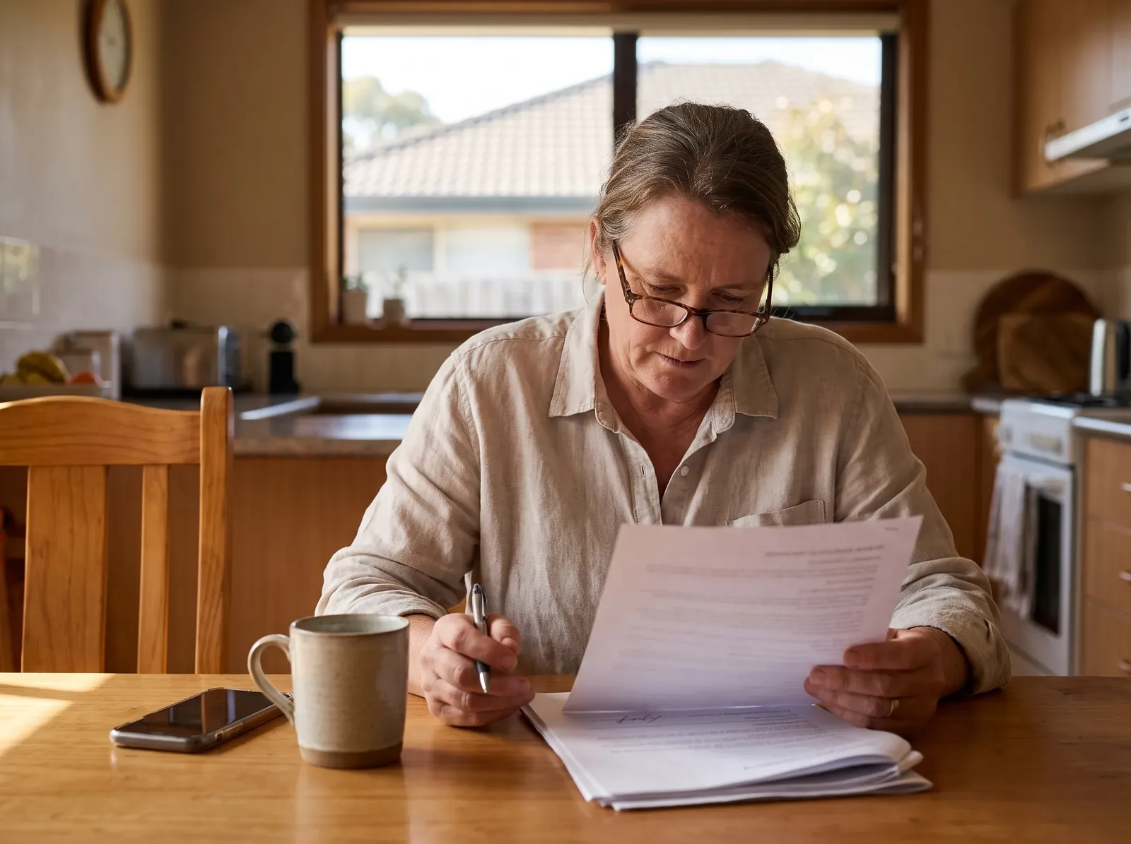 Homeowner reading a roofing contract at a kitchen table before signing