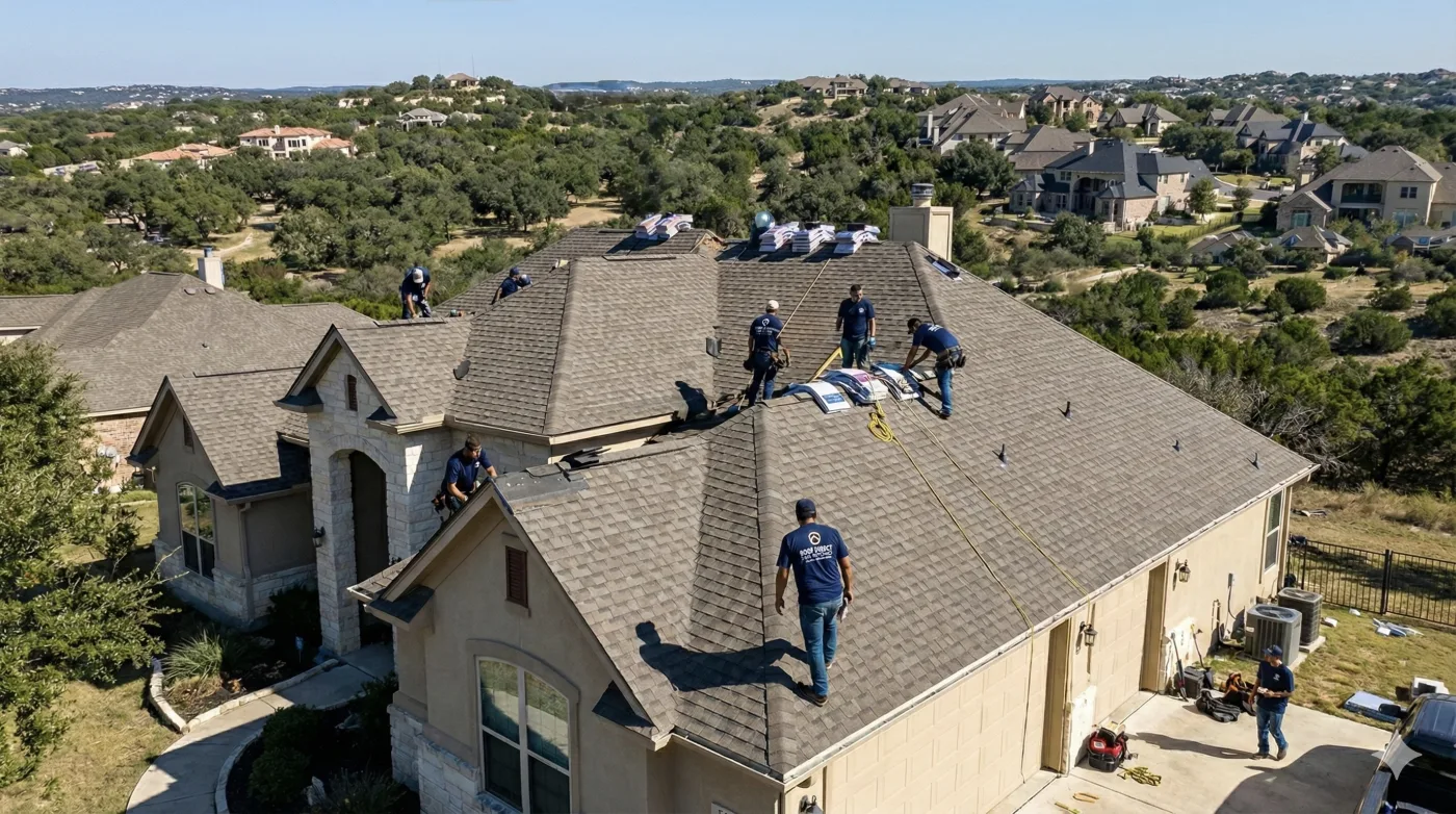 Professional roof installation crew
