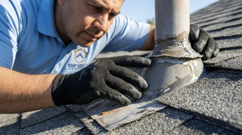 Roof inspector checking vent flashing