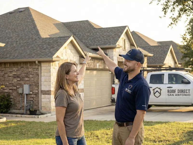Roof insurance claim San Antonio — Roof Direct SA owner discussing replacement with homeowner