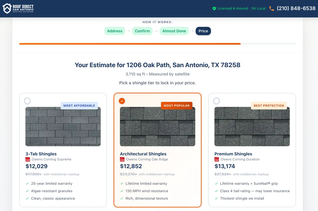 Roof Direct San Antonio instant roof replacement pricing — 3 Owens Corning shingle tiers with exact costs in San Antonio