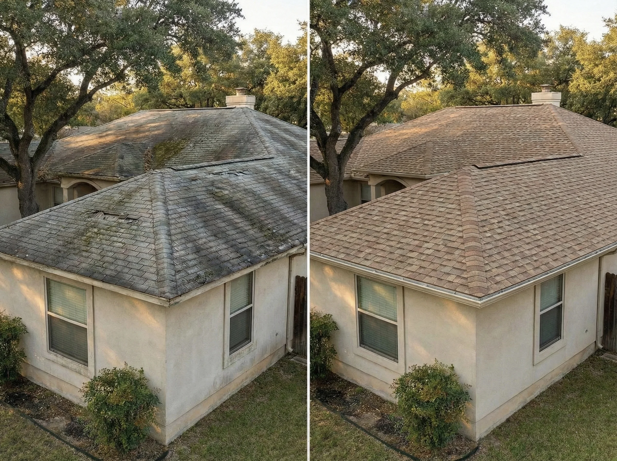 Before and after roof replacement in Alamo Heights San Antonio — successful insurance claim result