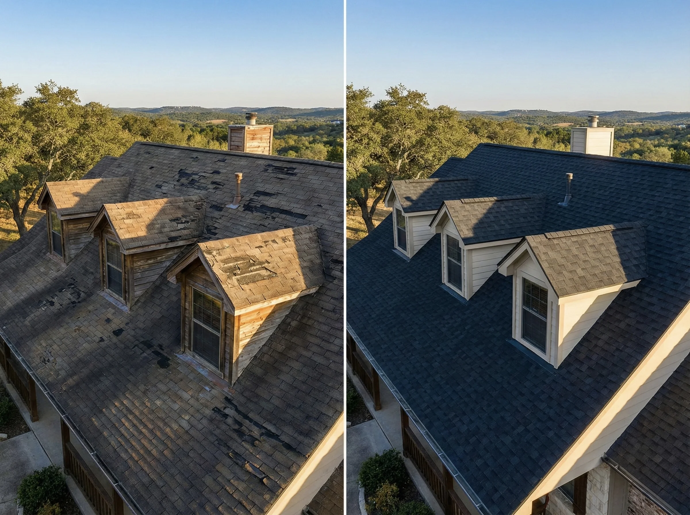 Before and after roof replacement in Helotes